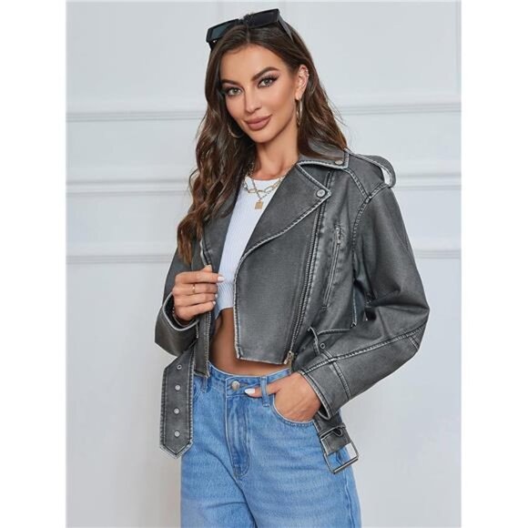 Gray Faux Leather Oversized Cropped Jacket Belted Biker Moto Jacket Coat Zip Up - Picture 3 of 8